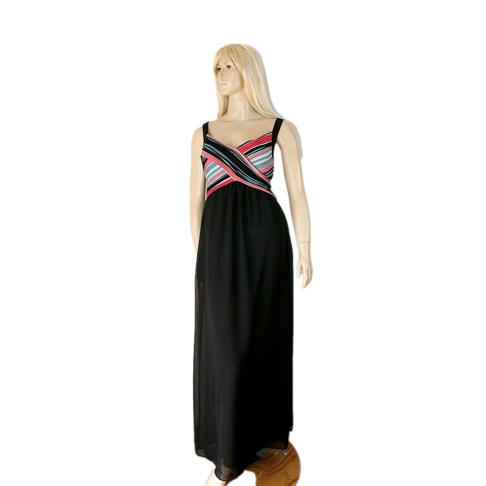 NWOT ROBBIE BEE Maxi Gown Dress Sz. 18 Black Chiffon Multi Color Pin Tucks #04